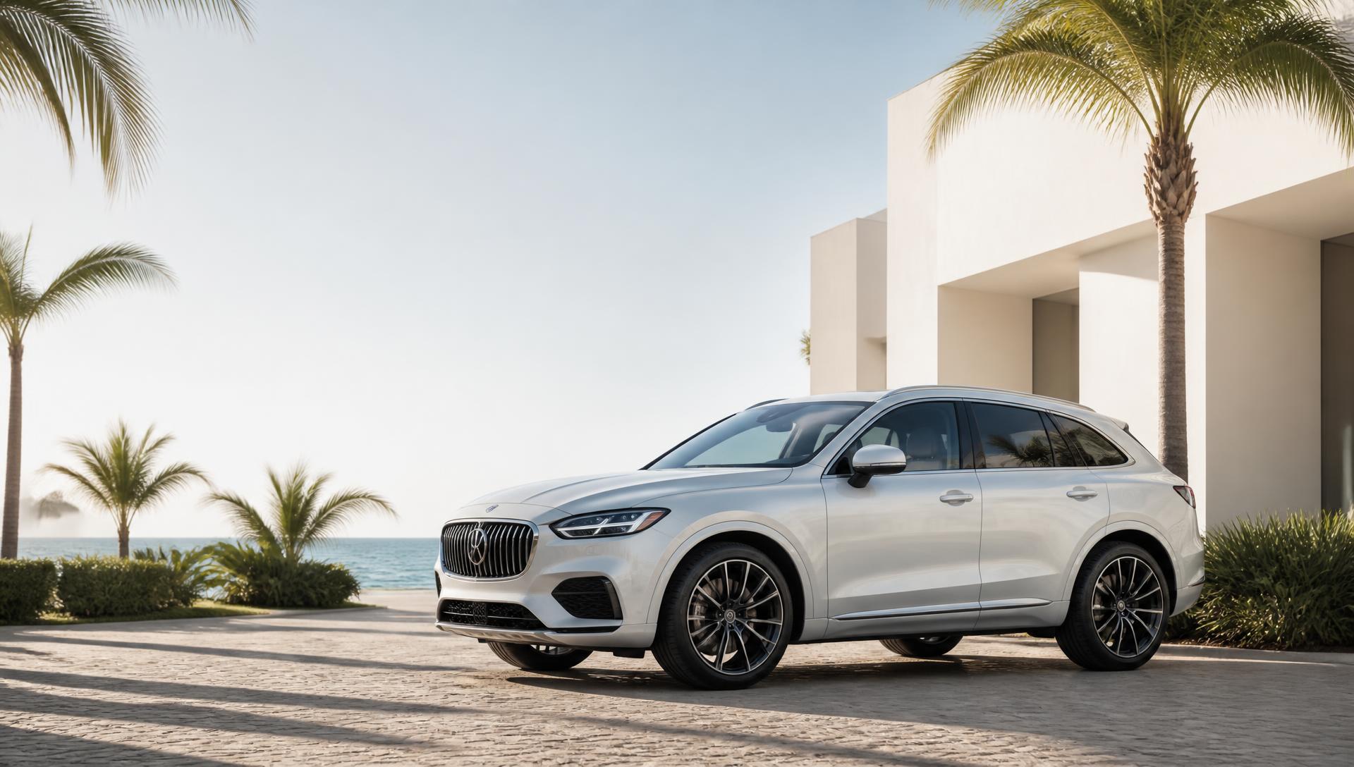 Premium SUV parked at a bright coastal resort driveway